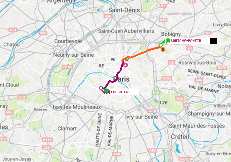 plan itinéraire ratp de Bobigny-Pantin (Raymond Queneau) à Falguière