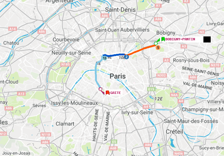 plan itinéraire ratp de Bobigny-Pantin (Raymond Queneau) à Gaité