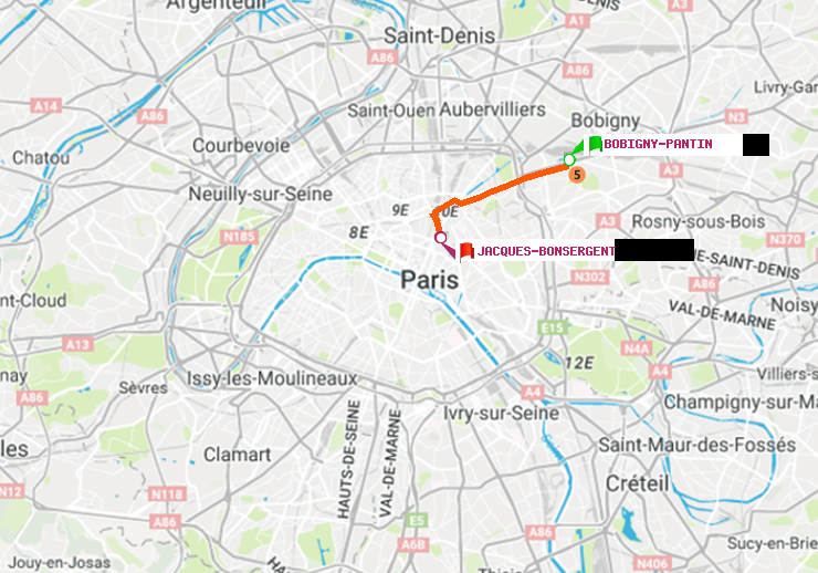 plan itinéraire ratp de Bobigny-Pantin (Raymond Queneau) à Jacques-Bonsergent