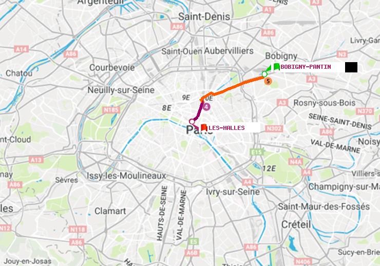 plan itinéraire ratp de Bobigny-Pantin (Raymond Queneau) à Les Halles