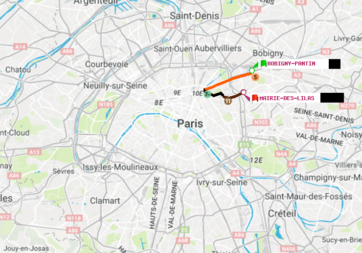 plan itinéraire ratp de Bobigny-Pantin (Raymond Queneau) à Mairie des Lilas