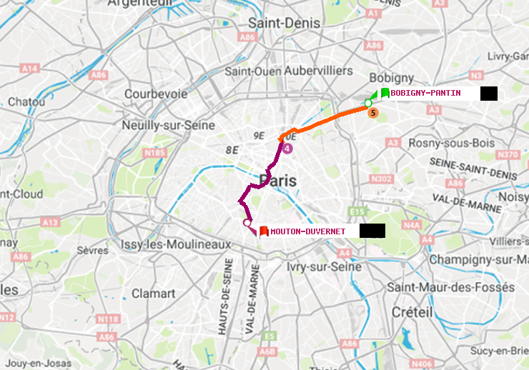 plan itinéraire ratp de Bobigny-Pantin (Raymond Queneau) à Mouton-Duvernet