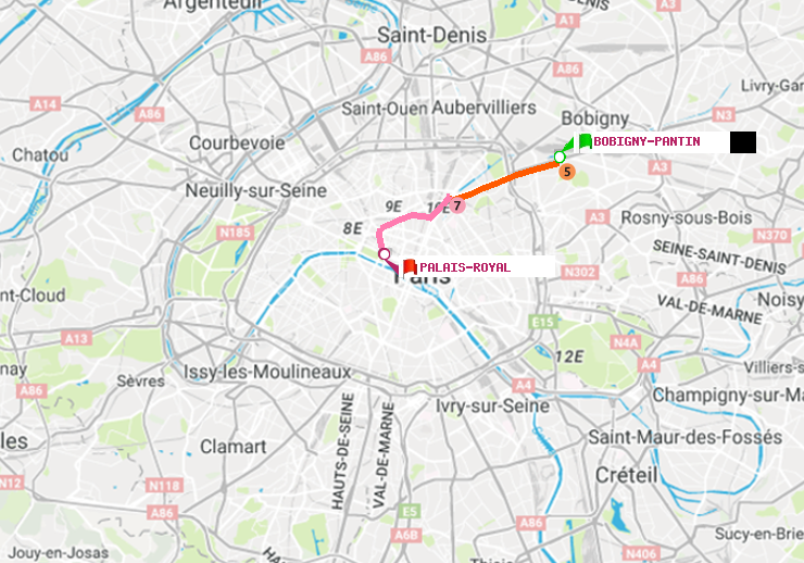 plan itinéraire ratp de Bobigny-Pantin (Raymond Queneau) à Palais-Royal (Musée du Louvre)