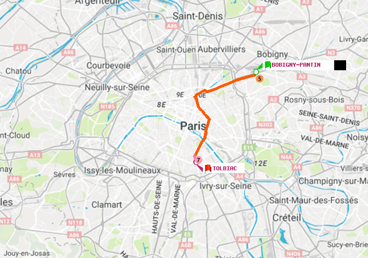 plan itinéraire ratp de Bobigny-Pantin (Raymond Queneau) à Tolbiac