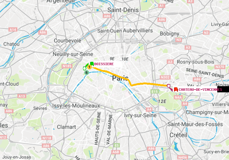 plan itinéraire ratp de Boissière à Château de Vincennes