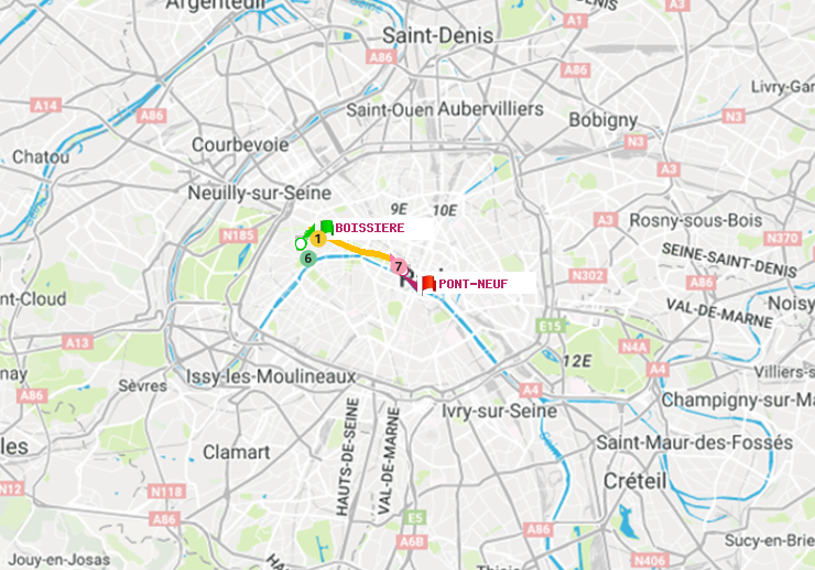plan itinéraire ratp de Boissière à Pont Neuf