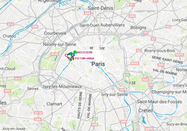 plan itinéraire ratp de Boissière à Victor Hugo