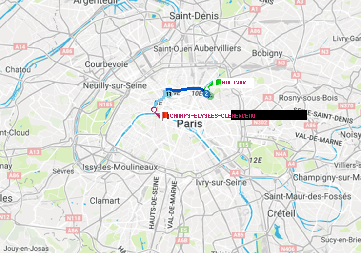 plan itinéraire ratp de Bolivar à Champs-Elysées-Clémenceau