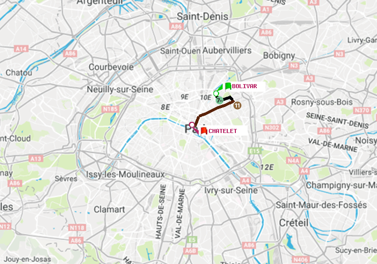 plan itinéraire ratp de Bolivar à Châtelet
