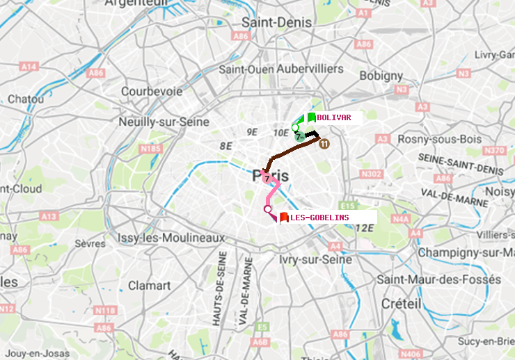 plan itinéraire ratp de Bolivar à Les Gobelins