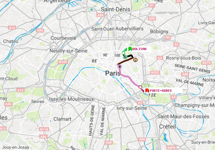 plan itinéraire ratp de Bolivar à Porte Dorée