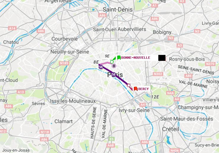 plan itinéraire ratp de Bonne Nouvelle à Bercy