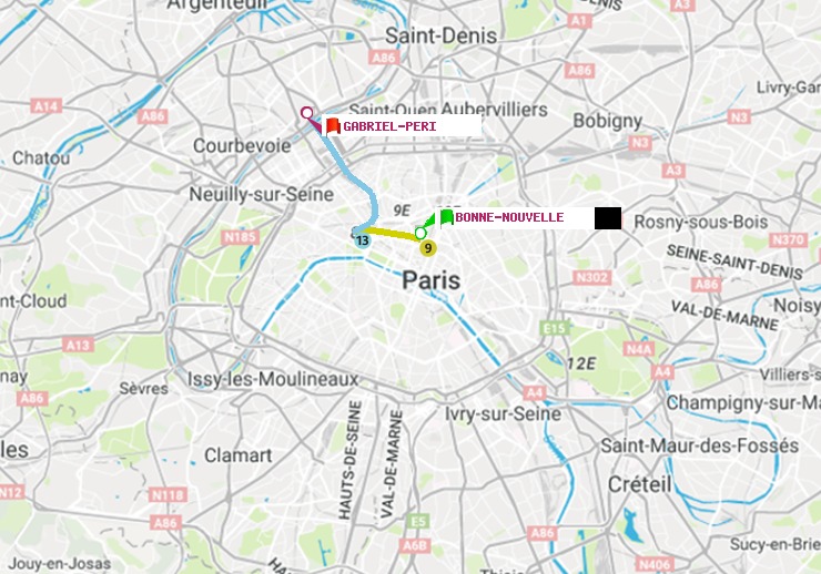 plan itinéraire ratp de Bonne Nouvelle à Gabriel-Péri