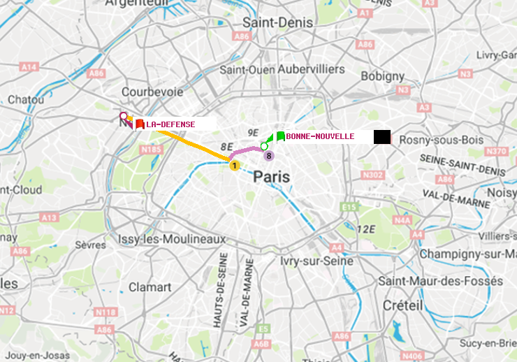 plan itinéraire ratp de Bonne Nouvelle à La Défense (Grande Arche)