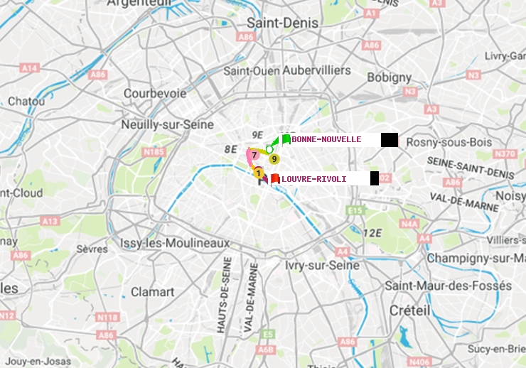 plan itinéraire ratp de Bonne Nouvelle à Louvre-Rivoli