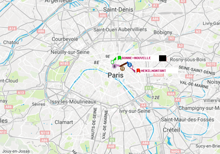 plan itinéraire ratp de Bonne Nouvelle à Ménilmontant