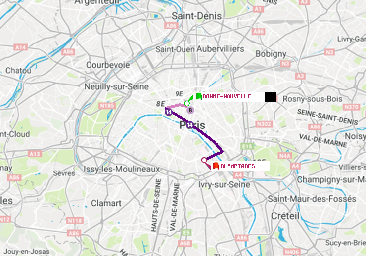 plan itinéraire ratp de Bonne Nouvelle à Olympiades