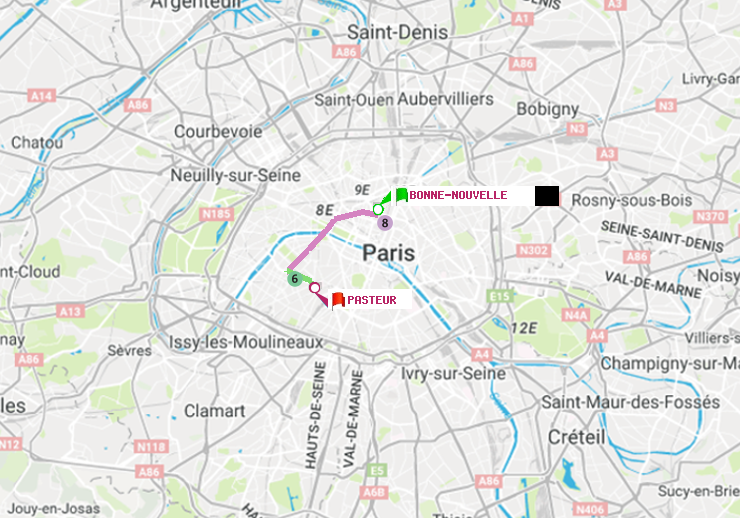 plan itinéraire ratp de Bonne Nouvelle à Pasteur
