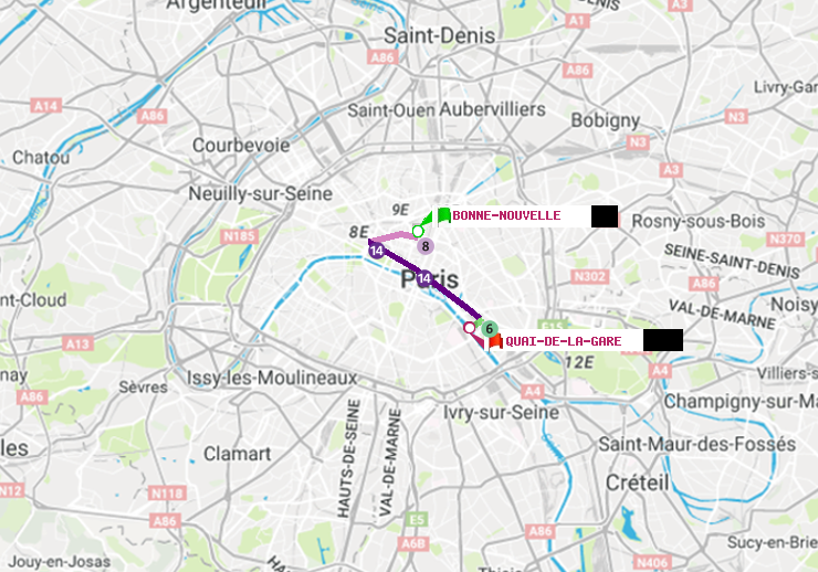 plan itinéraire ratp de Bonne Nouvelle à Quai de la Gare