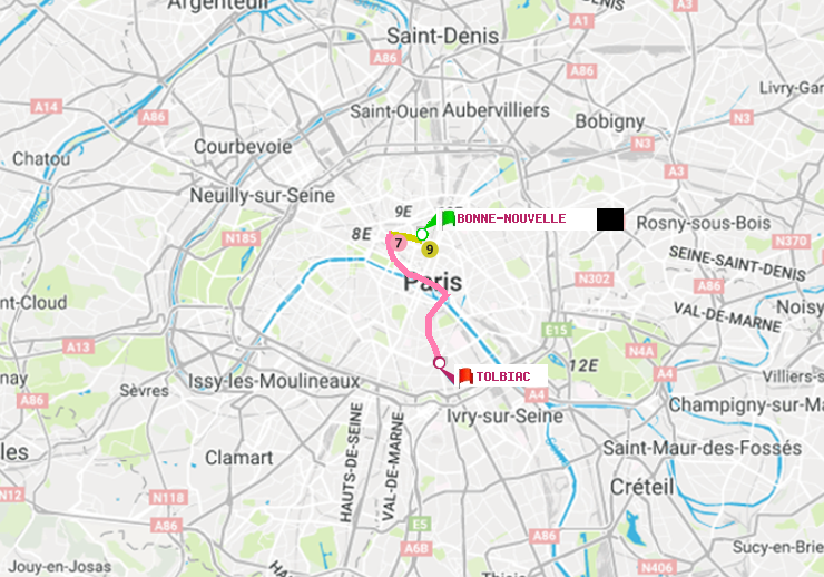 plan itinéraire ratp de Bonne Nouvelle à Tolbiac