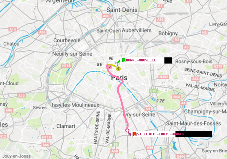 plan itinéraire ratp de Bonne Nouvelle à Villejuif-Louis Aragon