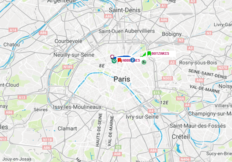 plan itinéraire ratp de Botzaris à Abbesses