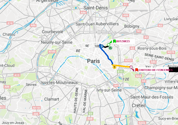 plan itinéraire ratp de Botzaris à Château de Vincennes