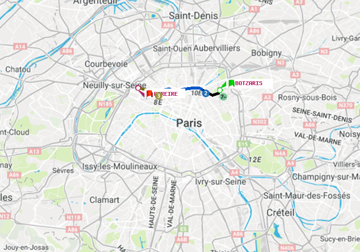 plan itinéraire ratp de Botzaris à Péreire