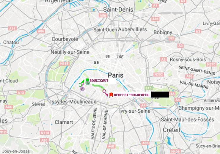 plan itinéraire ratp de Boucicaut à Denfert-Rochereau