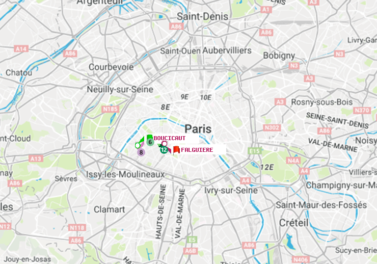 plan itinéraire ratp de Boucicaut à Falguière