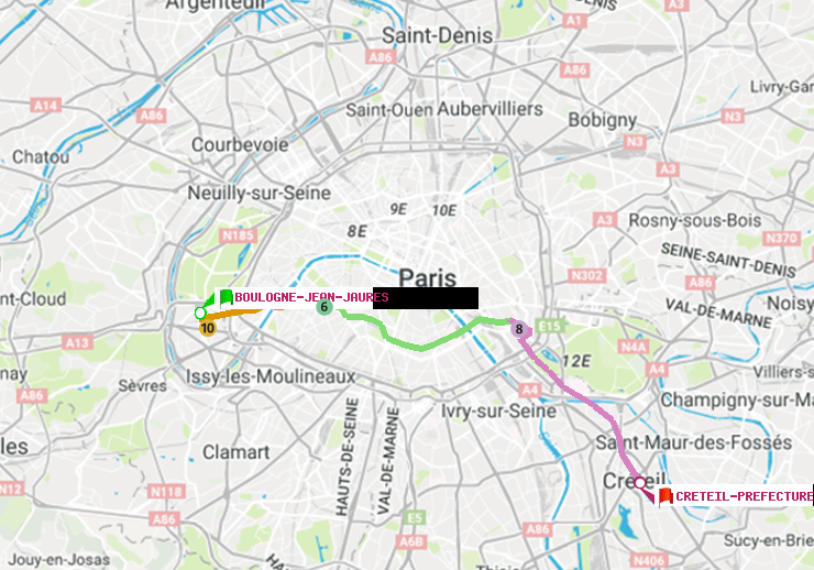 plan itinéraire ratp de Boulogne-Jean-Jaurès à Créteil-Préfecture (Hôtel de Ville)