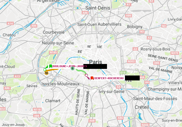 plan itinéraire ratp de Boulogne-Jean-Jaurès à Denfert-Rochereau