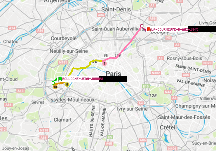 plan itinéraire ratp de Boulogne-Jean-Jaurès à La Courneuve-8-Mai-1945