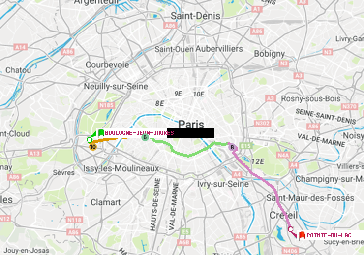 plan itinéraire ratp de Boulogne-Jean-Jaurès à Pointe du Lac