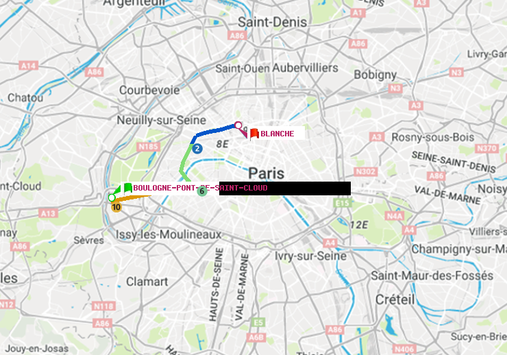 plan itinéraire ratp de Boulogne Pont de Saint-Cloud à Blanche