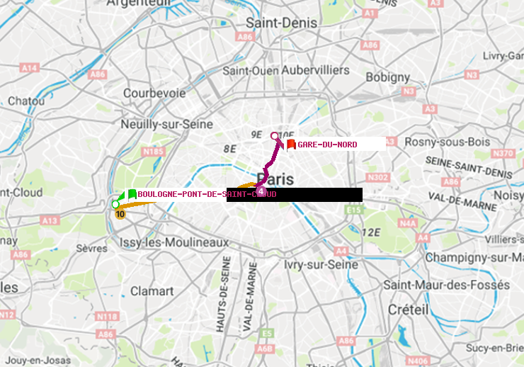 plan itinéraire ratp de Boulogne Pont de Saint-Cloud à Gare du Nord