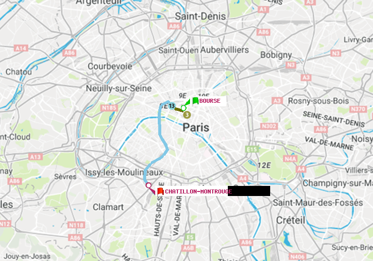 plan itinéraire ratp de Bourse à Châtillon Montrouge