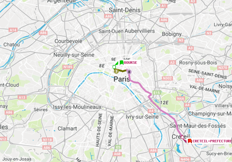 plan itinéraire ratp de Bourse à Créteil-Préfecture (Hôtel de Ville)