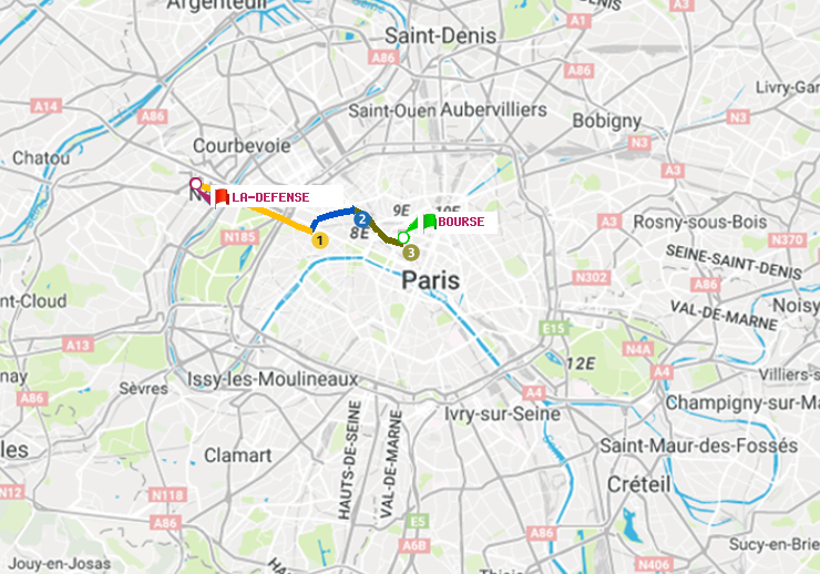 plan itinéraire ratp de Bourse à La Défense (Grande Arche)