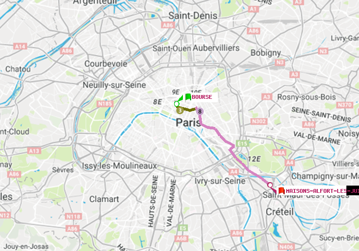plan itinéraire ratp de Bourse à Maisons-Alfort-Les Juilliottes