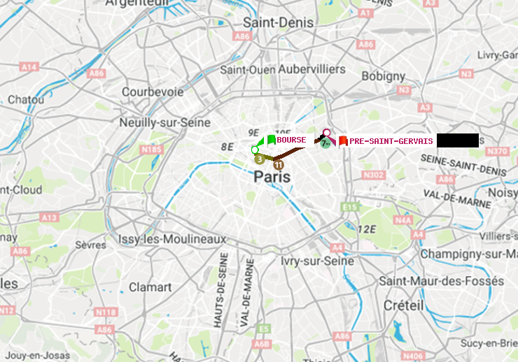 plan itinéraire ratp de Bourse à Pré-Saint-Gervais