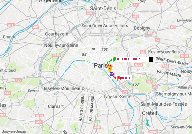 plan itinéraire ratp de Bréguet-Sabin à Bercy