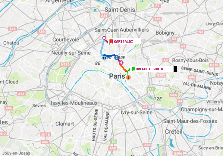 plan itinéraire ratp de Bréguet-Sabin à Garibaldi