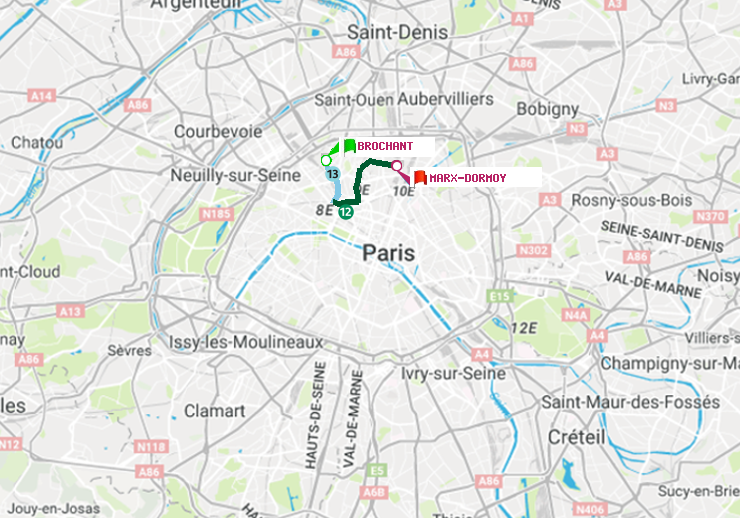 plan itinéraire ratp de Brochant à Marx-Dormoy