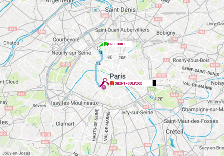 plan itinéraire ratp de Brochant à Saint-Sulpice