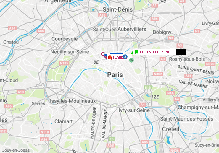 plan itinéraire ratp de Buttes-Chaumont à Blanche