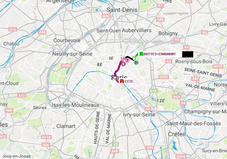 plan itinéraire ratp de Buttes-Chaumont à Cité