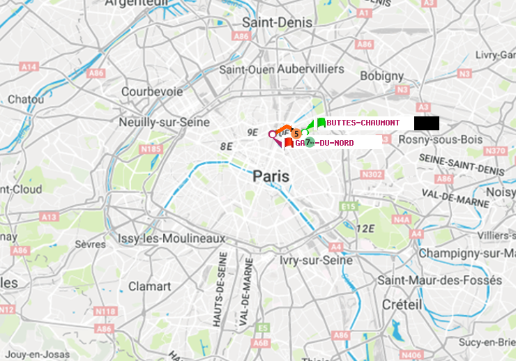 plan itinéraire ratp de Buttes-Chaumont à Gare du Nord