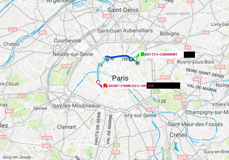 plan itinéraire ratp de Buttes-Chaumont à Saint-Francois-Xavier