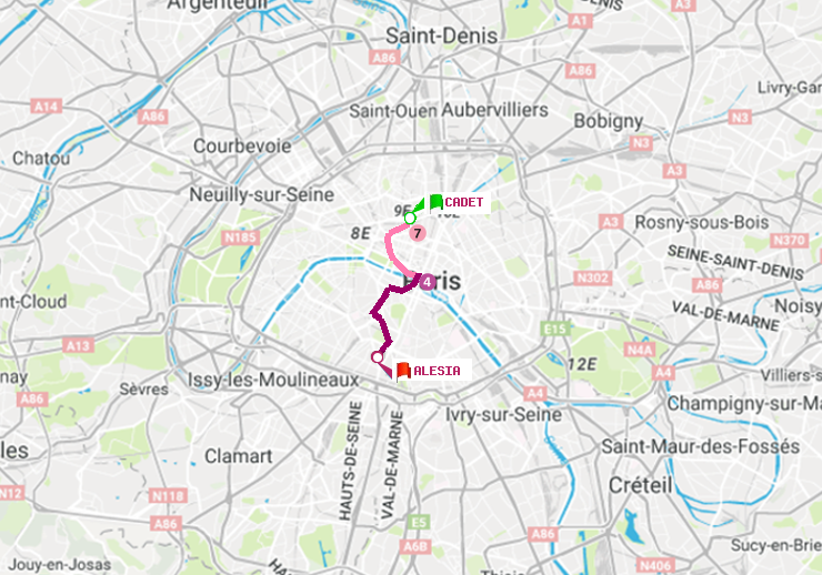 plan itinéraire ratp de Cadet à Alésia